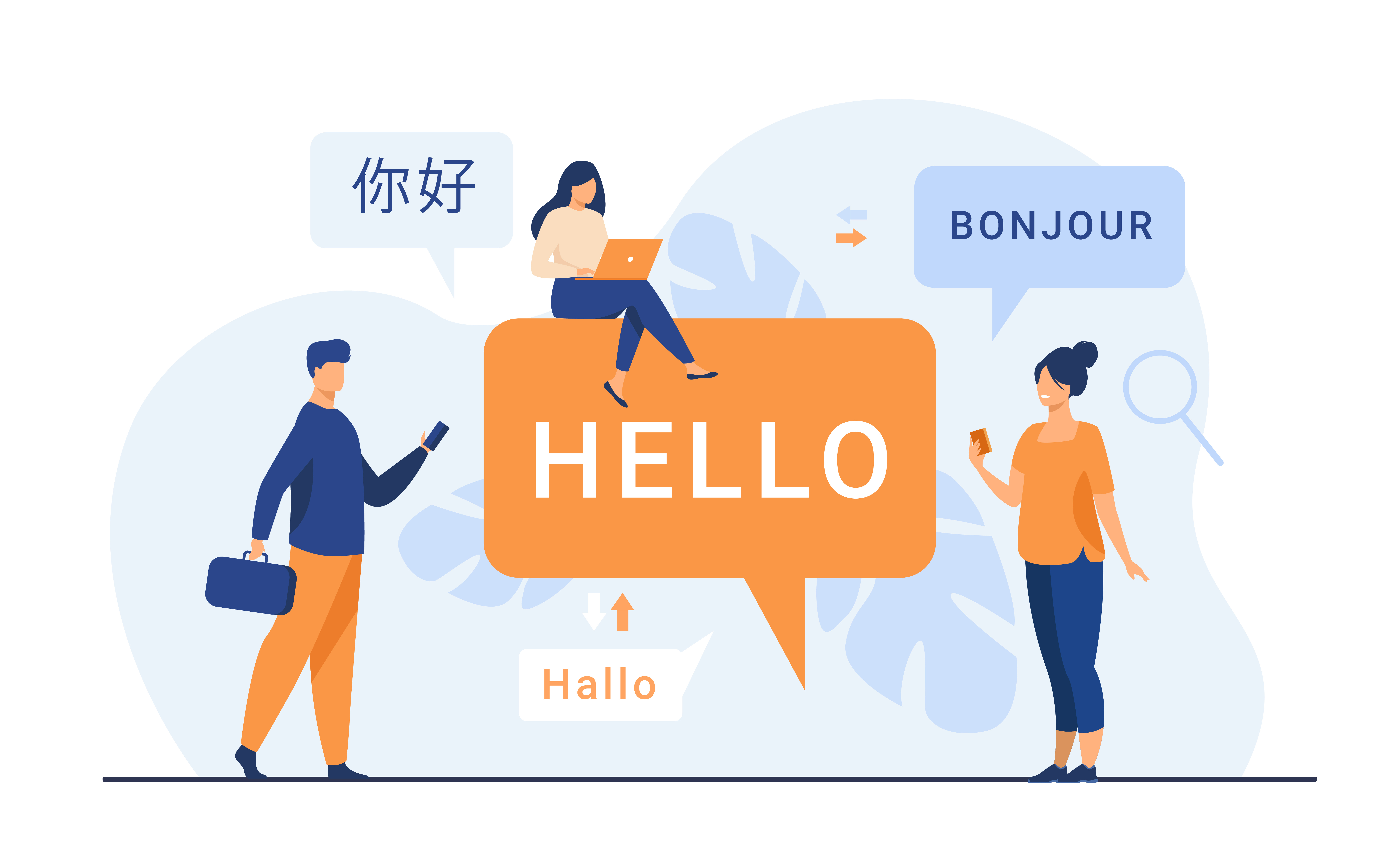 People using online translation app, translating words from foreign languages with mobile service. Can be used for international communication, travel abroad, learning concept